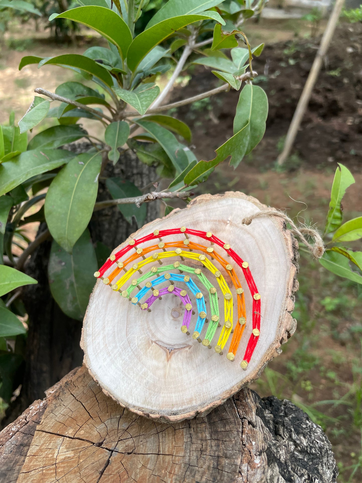 Rainbow on Natural Wood String Art